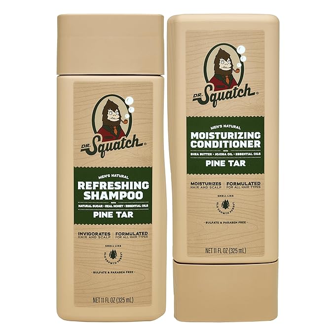 Dr. Squatch Natural Hair Bundle for Men - Healthy, Full Looking Hair - Pine Tar Shampoo (11 fl oz), Pine Tar Conditioner (11 fl oz)