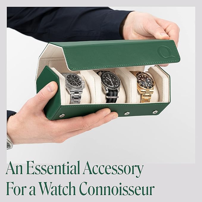 Napa Leather Watch Rolls for Men - Hexagon Triple Watch Roll Travel Case for 3 Watches - Storage Organizer Genuine Leather with Velvet Interior Display (Green/Cream)