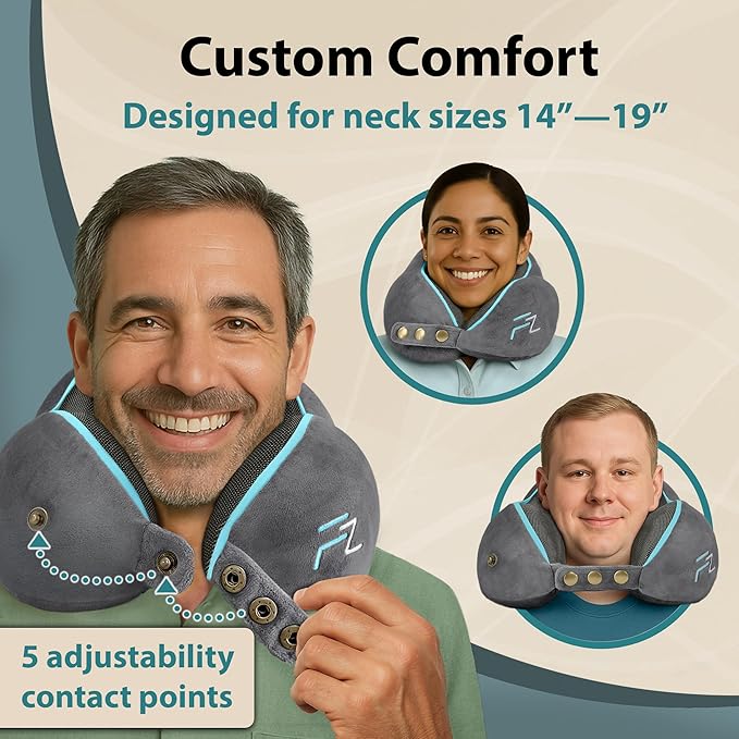 Memory Foam Travel Pillow for Airplanes & Car Rides - Adjustable Airplane Pillow with 360° Chin and Neck Support for Comfy Naps, Extra-Soft Washable Neck Pillow Cover, Squeezy Mesh Bag - Grey
