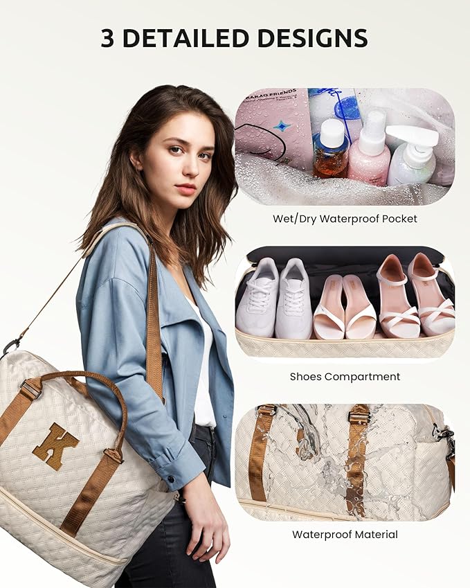 Initial Duffle Bag with Shoe Compartment, Personalized Weekender Bag, Monogram Overnight Bag for Women with Trolley Sleeve & Wet Pocket, Letter Travel Bag with Makeup Bag (Letter K)