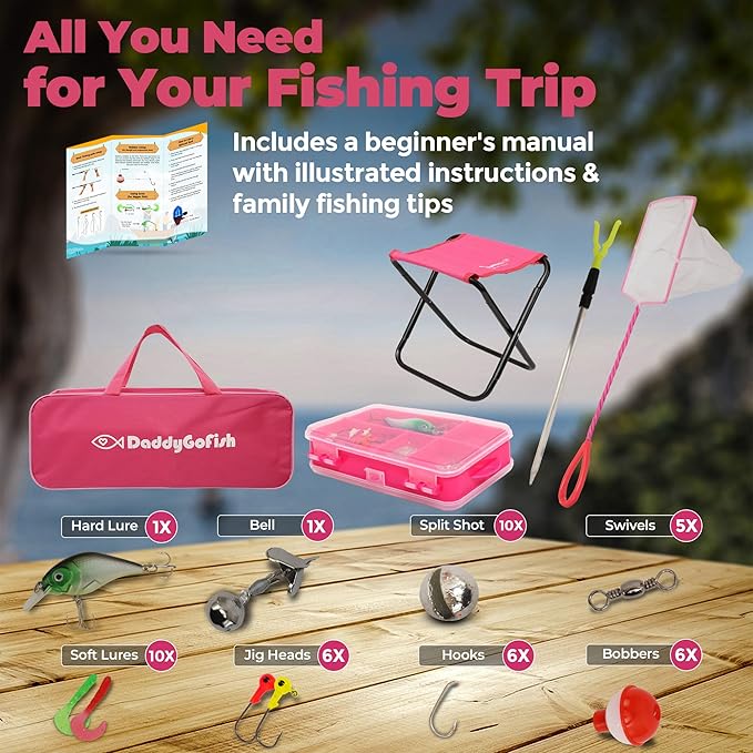 DaddyGoFish Kids Fishing Pole - Rod Reel Combo Tackle Box Starter Set - First Year Small Dock Gear Kit for Boys Girls Toddler Youth Age Beginner Little Children Junior Anglers Older Kids