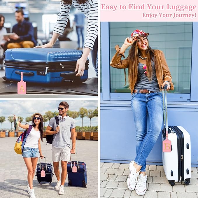 Personalized Initial Luggage Tags for Suitcase, Pink Leather Cute Luggage Tags with Privacy Cover Name Card, Embroidered Custom Monogrammed Luggage Tag Travel Bag Baggage Tags Gifts for Women Kids(H)