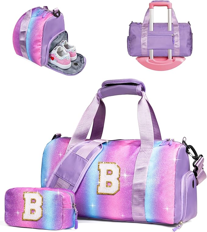 Birthday Gifts for 3 4 5 6 7 8 9 10 11 12 Year Old Girls-Girl Gym Bag with Shoe Compartment, Kid Personalized Weekender Dance Bags, Initial Travel Tote with Makeup Pouch (Letter B)