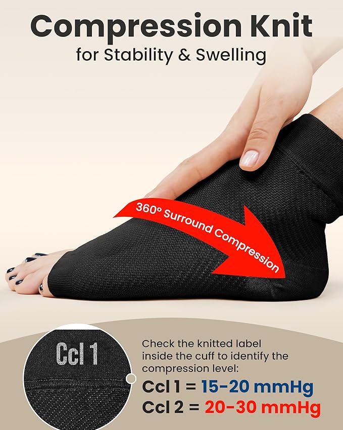 KEMFORD Ankle Compression Sleeve - Plantar Fasciitis Braces - Open Toe Compression Socks for Swelling, Sprain, Neuropathy, Foot Arch Support for Men and Women - 20-30mmhg, XL, Black