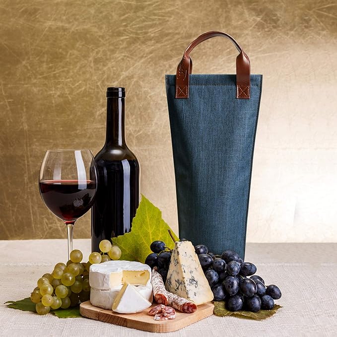 Tirrinia Single Wine Carrier Tote, Insulated Wine Cooler Bag for Travel, Picnic, & Wine Gifts – Thermal Padded Wine Bottle Holder Tote for Men & Women, Wine Gift for Wine Lovers,Blue