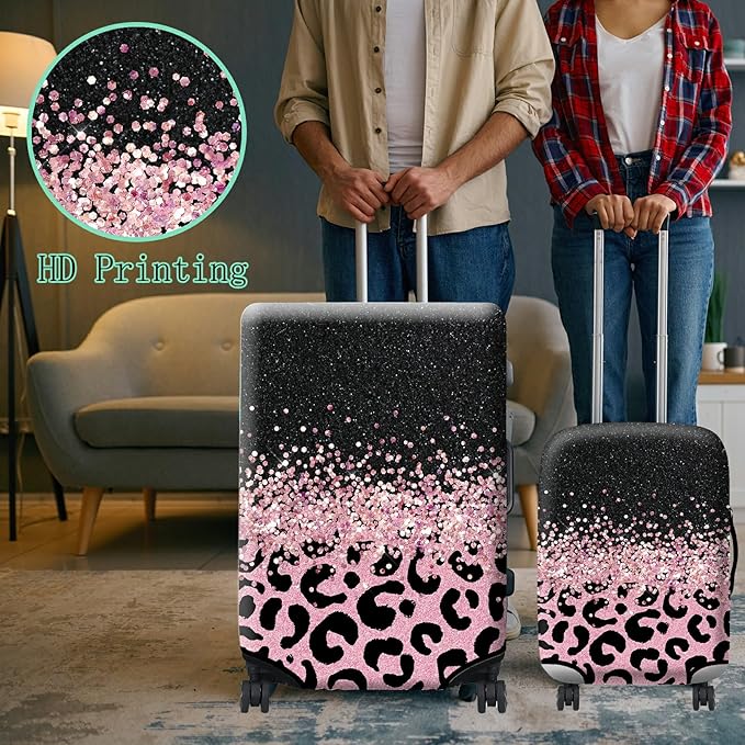 Luggage Cover + Tag, Pink Leopards Travel Suitcase Cover for 29-30 inch Luggage (XL) with Concealed Zipper, Washable Elastic Cloth, Dustproof, Anti-Scratch