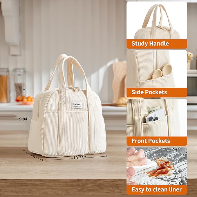 Insulated Lunch Bag for Women, 6-Hour Cold Retention Cooler Tote with Sturdy Handle, 15-Can Spacious Capacity, Leakproof Corduroy Fabric & Aluminum Foil Lining (Coffee)