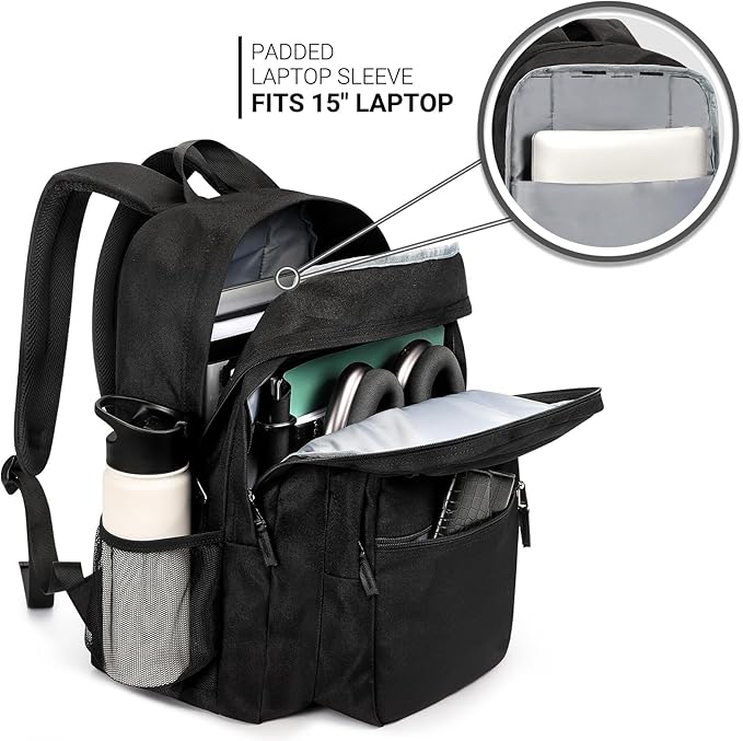 ZORFIN 26L Black Backpack for College, and Travel: Water Resistant Bookbag
