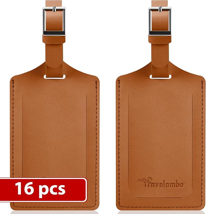Travelambo Luggage Tags for Suitcases Faux Leather Privacy Protection 16 Pack Bag Tags Travel Accessories Essential, Yellowish Brown