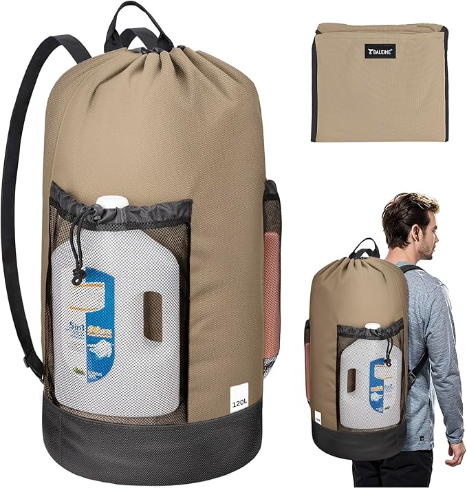 BALEINE 120L Laundry Bag Backpack, 900D Oxford Fabric Large Travel Laundry Bags with Shoulder Straps and 2 Mesh Pockets for College Dorm, Apartment, Laundromat (Khaki, 120L)