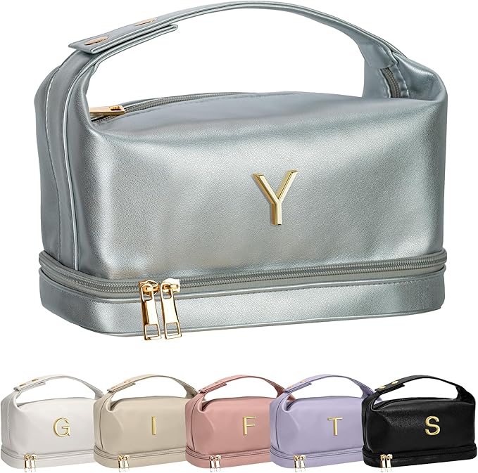 Teenage Girls Gifts Ideas, Personalized Makeup Bag with Handle, Initial Double Layer Cosmetic Bag with Makeup Brush Organizer, Cute Cosmetic Pouch for Women, Gifts for Friends Female Mom