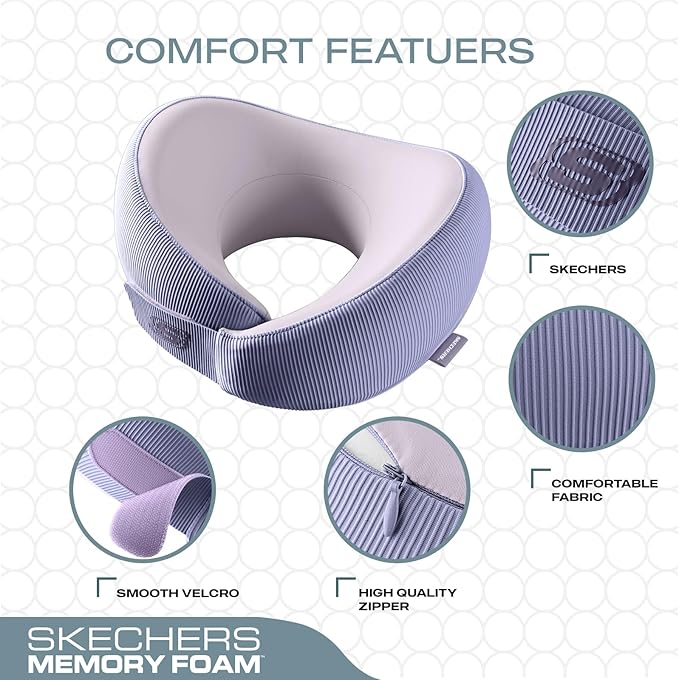Skechers Women's Memory Foam Neck Pillow, Comfortable & Breathable Travel Pillow,Neck Pillow Airplane for Travel, Car Rides, Home, and Office Use, Ergonomic Design for Men and Women,Purple