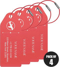 4 PCS Personalized Metal Luggage Tag – Personalized Engraved Suitcase Tag, Backpack Tag, with Matching Color Strap, Waterproof Suitcase Name Badge – Ideal Corporate Gift & Travel Accessory (Red)