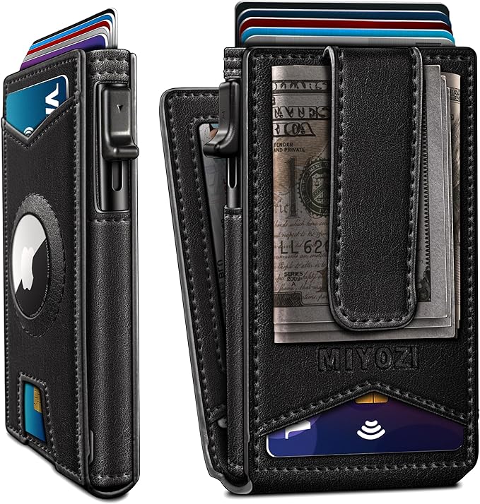 Airtag Wallet for Men,with Money Clip Gift Boxed,Slim Front Pocket Wallet RFID Blocking Metal Case Smart Pop-up Credit Card Holder in Magnetic Leather Flip