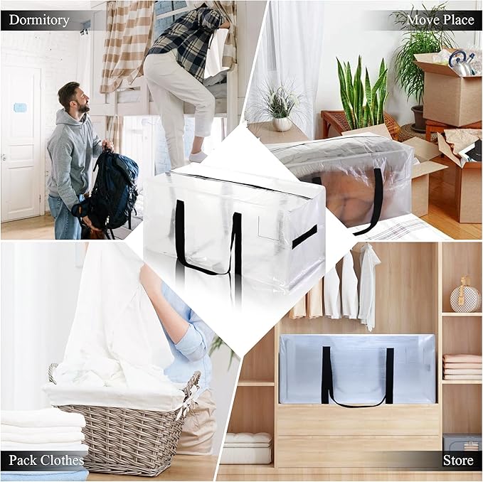 6 Pack Heavy Duty Extra Large Moving Bags with Black Handles, Waterproof Foldable Storage Totes, Clothing Storage Bags, Packing Moving Boxes for College Supplies & Seasonal Storage, Clear