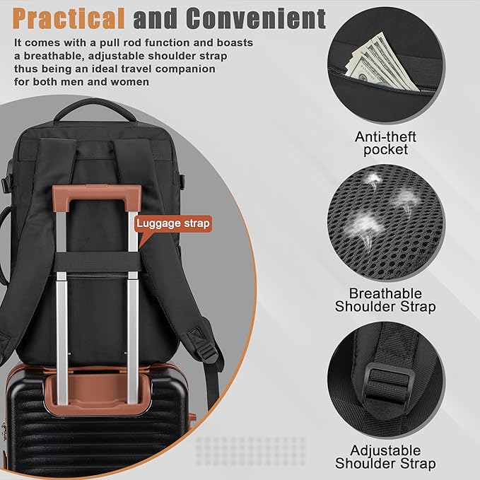 40L Travel Backpack with USB Charging Port, Water-Resistant Carry On Backpack for Men Women, Business Laptop Backpack for Trips & Commutes, Fits 15.6/17.3 Inch Laptop