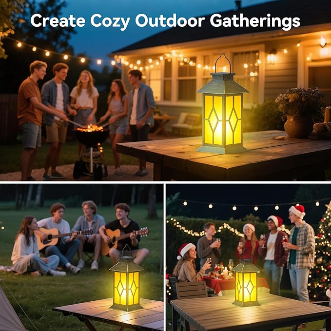 2Pack Patina 13" Metal & Glass Solar Lantern with Flickering Flame, Outdoor Waterproof Hanging Lantern for Garden Patio Yard Pathway Porch Decorative, Vintage Gifts for Mom