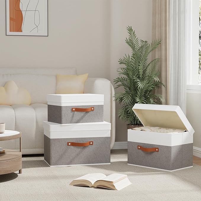 Fabric Storage Boxes with Lids, Linen Foldable Cloth Baskets, Closet Organizer Containers with Double Handles, Sweater Bins for Bedroom, White and Grey, 5 Pack, 13 x 9.1 x 7.9 Inch