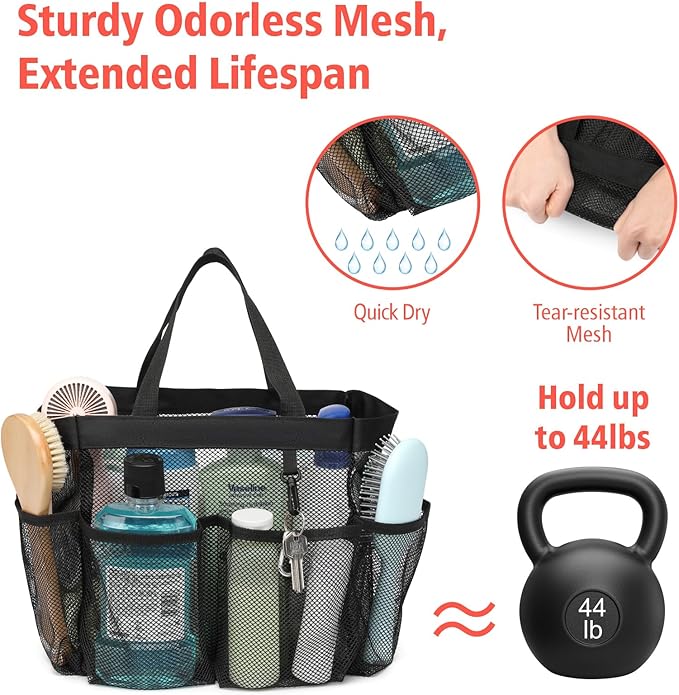 F-color Mesh Shower Caddy Portable with 2 Pack Name Tags, Upgrade Deeper 7 Pockets Shower Bag Tote for College Dorm Room Toiletry Bathroom Essentials Gym Camp Quick Dry 2 handles with S Hook, Black