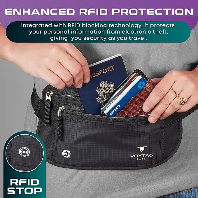 Travel Money Belt & Passport Holder - RFID Blocking Slim Travel Wallet & Fanny Pack for Men and Women - Essential Travel Pouch for Cash, Credit Cards, and Documents (Green Color)
