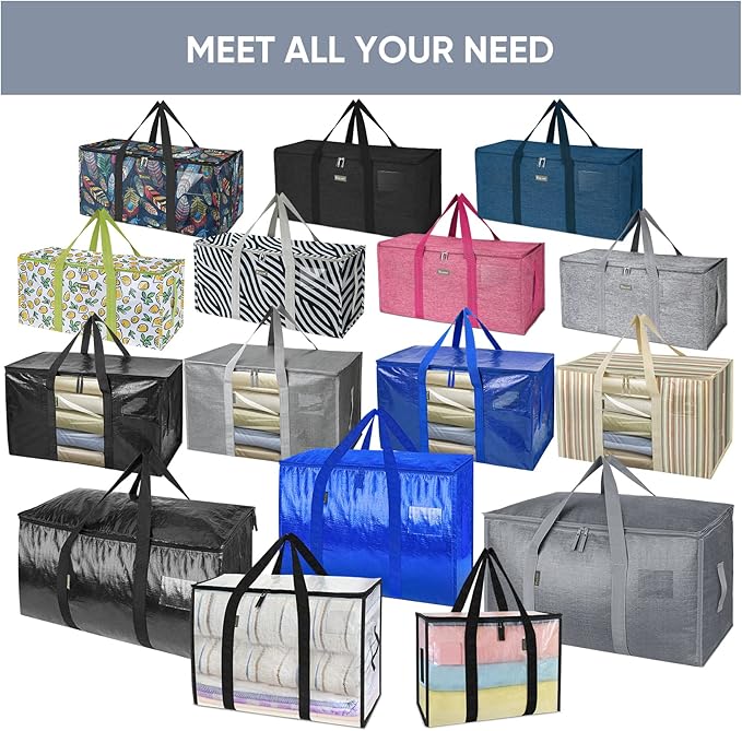 BALEINE 4-Pack Oversized Moving Bags with Reinforced Handles, Heavy-Duty Storage Tote for Clothes, Moving Supplies (Color Stripe with Window, 4-Pack)