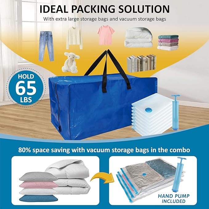 16 Pack Heavy Duty Extra Large Moving Bags with Backpack Straps & Large Vacuum Storage Bags Moving Supply Combo, Moving Totes with Handles & Zippers for Space Saving, Fold Flat, Includes Vacuum Bags