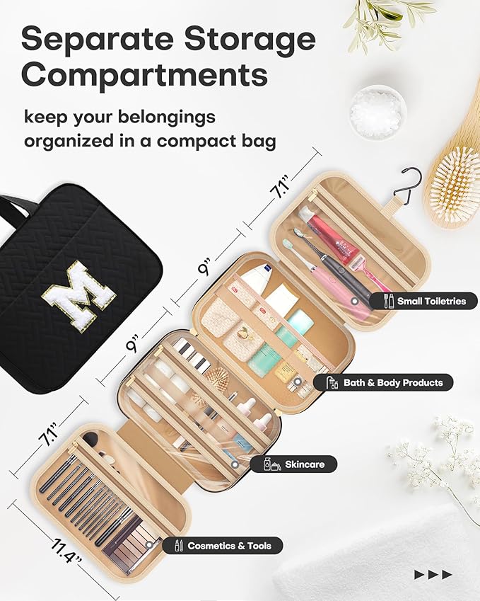 HOTOR Travel Toiletry Bag - Personalized Chenille Initial Makeup Bag, Water-Resistant Personalized Gifts for Women, Portable Travel Accessories & Essentials, Letter M, Black, 11.4"×9.0"×3.35"