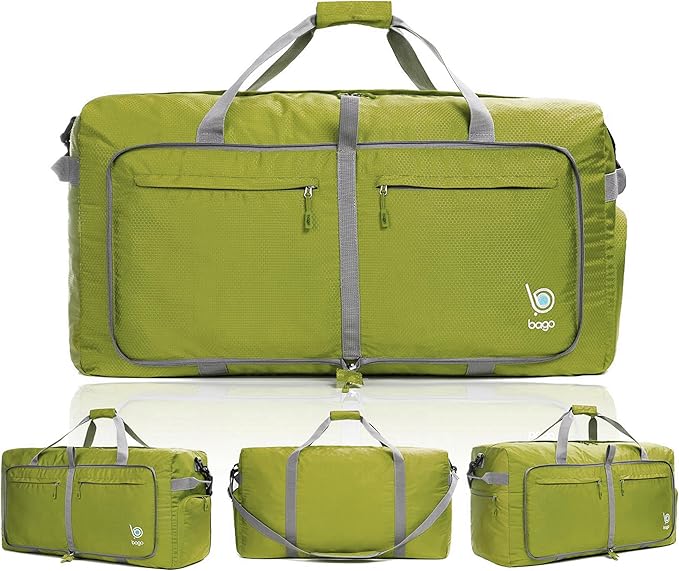 Bago Large Foldable Duffel Bags for Traveling Women & Men - 120L Packable Duffle Bag for Travel with Shoe Compartment - Water Repellant, Heavy Duty, Lightweight Folding & Collapsible (Green)