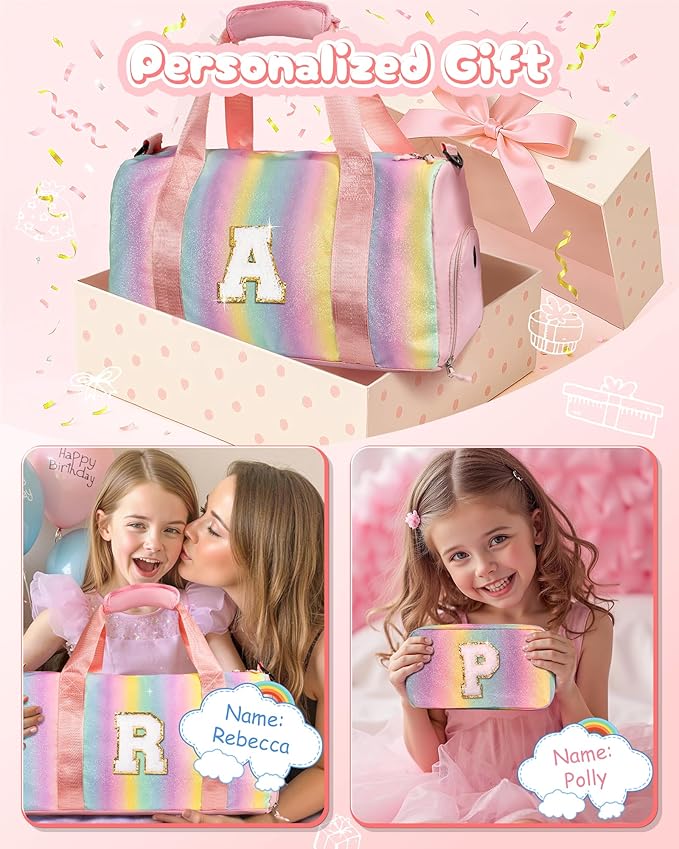 Cute Preppy Gifts for Girls-Girl Gym Bag with Shoe Compartment, Kid Personalized Weekender Overnight Bags, Initial Travel Tote with Makeup Pouch, Chenille Gift for Teen (Letter D)