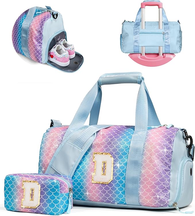 Cute Preppy Gifts for Girls-Girl Gym Bag with Shoe Compartment, Kid Personalized Weekender Overnight Bags, Initial Travel Tote with Makeup Pouch, Daughter In Law Gift (Letter D)
