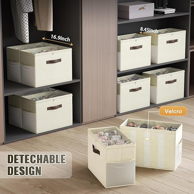 Budding Joy 2 Pack Shoe Organizer for Closet, Clear Foldable Shoe Storage Containers Adjustable Dividers Fits 16 Pairs,Shoe Storage Bins Baskets Boxes with Reinforced Handles Beige Yellow