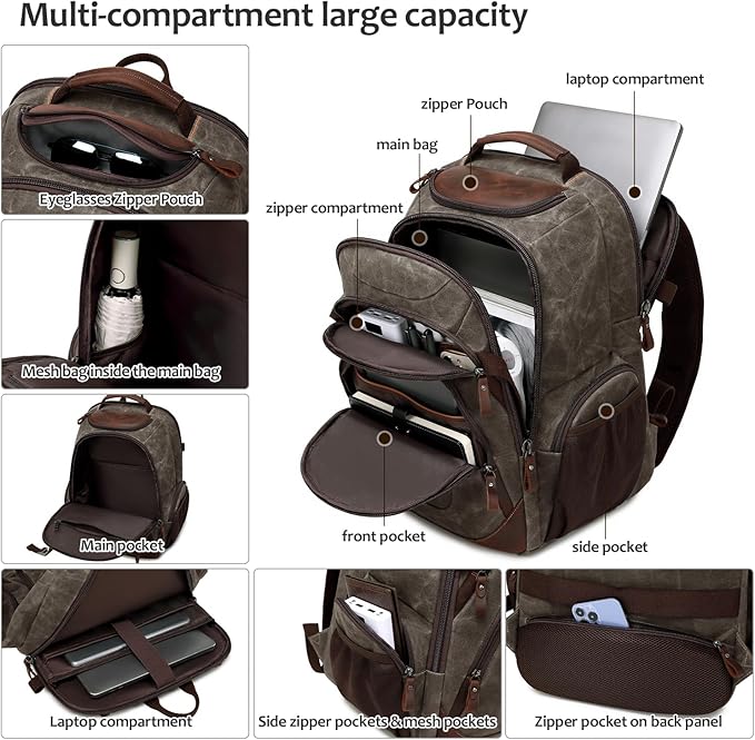 Travel Laptop Backpack 17.3 inch XL Computer Backpack for Men Waxed Canvas College Daypack Business Backpack Green
