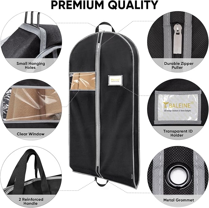 BALEINE 2PK Heavy Duty Garment Bag with Shoe Storage Travel Bag for Dresses, Suit, Coats Travel Essential (60", Black)