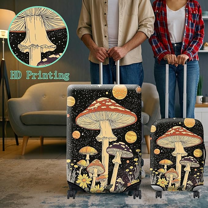 Luggage Cover + Tag, Mushrooms Travel Suitcase Protector for 18-20 inch Luggage (S) with Concealed Zipper, Washable Elastic Cloth, Dustproof, Anti-Scratch