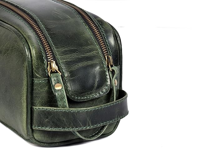 10" Premium Leather Toiletry Travel Pouch With Waterproof Lining | King-Size Handcrafted Vintage Dopp kit By Aaron Leather Goods (Seaweed Green)