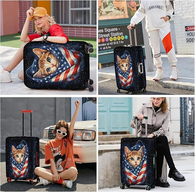 ANNA QUEEN Cute Patriotic Cat Luggage Cover, American Flag Suitcase Protector, Stretchable, Washable Travel Cover for 24-26 Inch Luggage