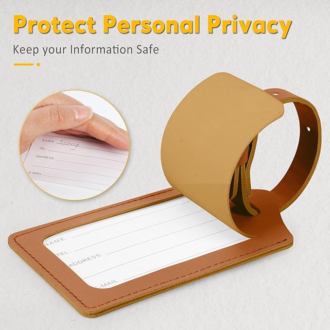 Travelambo Luggage Tags for Suitcases Faux Leather Privacy Protection 16 Pack Bag Tags Travel Accessories Essential, Yellowish Brown