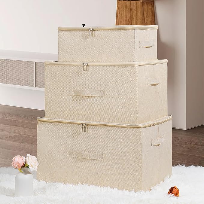 ANMINY Storage Bins with Zipper Lids 13 Qt Lidded Fabric Storage Boxes Baskets Cubes with Handles Collapsible Washable Cotton Linen Closet Shelf Clothes Organizer Containers - Beige, Small