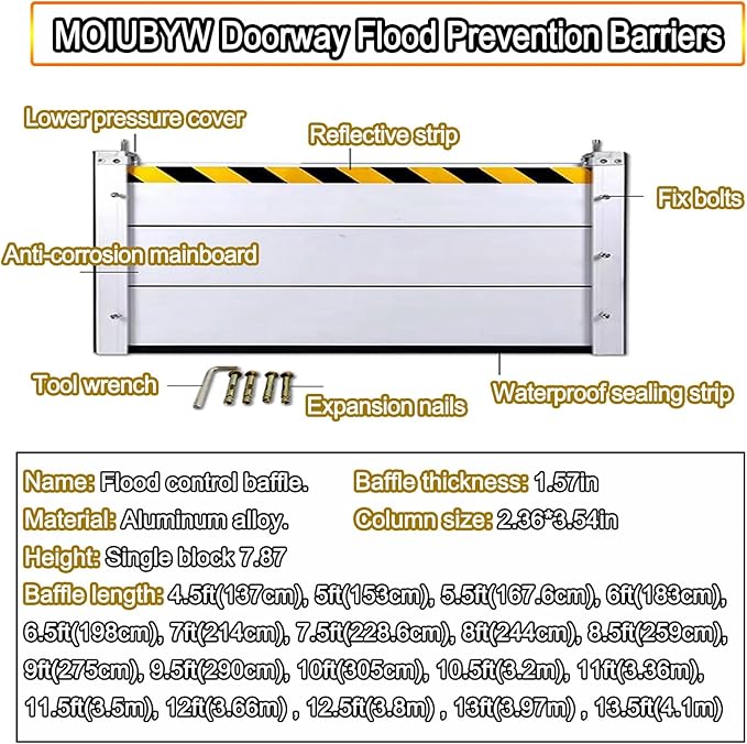 Reusable Flood Barrier, 3/4/5/6/7/8/9/10/11/12/13ft Long Heavy Duty Aluminum Water Barrier Shield for Sliding Glass Door/Driveway/Home Doorway, Removable Stopper Shield with Rubber(H 2.6ft