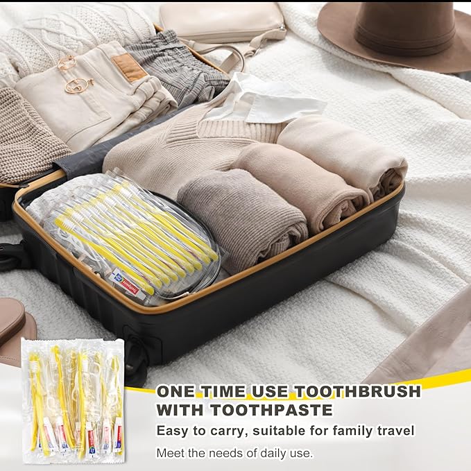 50 pcs Disposable Toothbrushes with Toothpaste and Floss,Yellow Bulk Single Use Toothbrush Floss Pick Individually Wrapped Disposable Travel Toothbrushes Kit for Homeless,Airbnb,Hotel,Guest