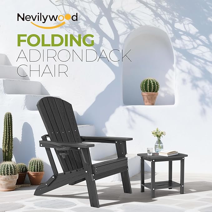 Folding Adirondack Chair - Extended Ergonomic Backrest, Cup Holder - Easy Assembly - Durable HDPE Plastic, Weather Resistant & Maintenance-Free - Lawn, Patio, Deck Supports 380lbs Black