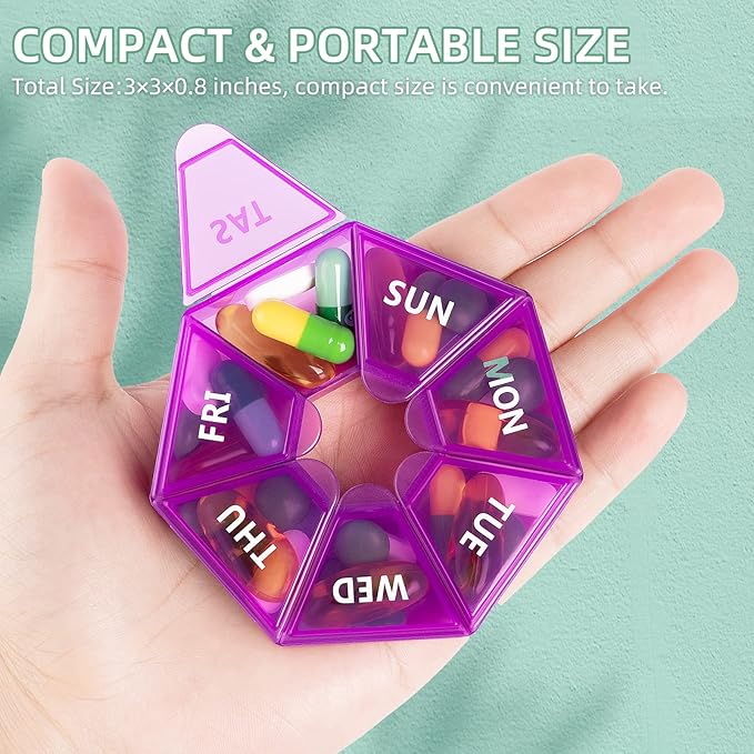 Weekly Pill Organizer, 2 Pack Portable Pill Box Medicine case 6 Colors (Seven Day) New Edition for Vitamin/Fish Oil/Pills/Supplements-Arthritis Friendly (Purple)