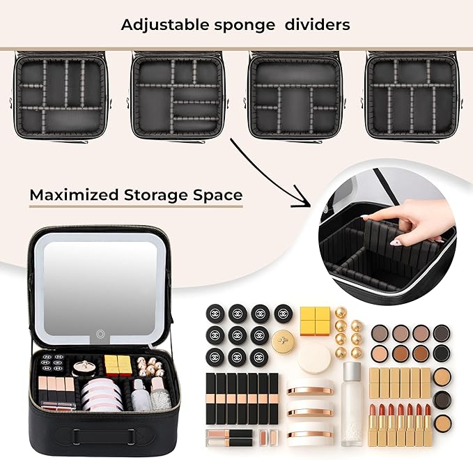 Makeup Bag with LED Mirror, PU Leather Makeup Case - 3 Adjustable Brightness Levels, Lighted Cosmetic Case with Mirror, Dividers - Make Up Portable Storage Travel Organizer with Handle