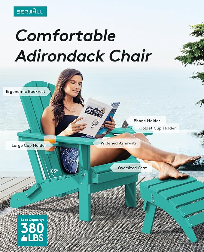 SERWALL Adirondack Chair with Cup Holders - Composite Adirondack Chairs Set of 4 HDPE Outdoor Chairs All Weather Use- Aruba