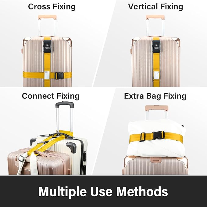 Luggage Straps, Yellow TSA Approved Luggage Strap Belt with Combination Lock for Suitcases, 2 Pack Adjustable Heavy Duty Cross Suitcase Straps with Name Tags for Travel, Carry On Bags, Protect Luggage