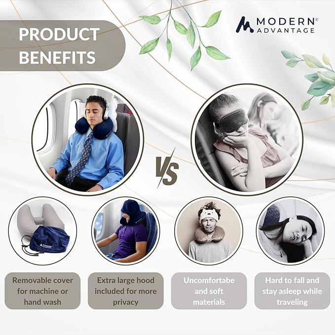 Modern Advantage Inflatable Travel Pillow for Airplanes – Hooded Neck Pillow with Adjustable Support – Comfortable, Compact & Travel-Friendly – Perfect for Sleeping on Long Flights (Blue)