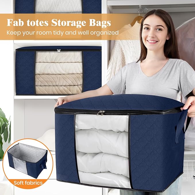 Fab totes 24 Gallons Clothes Storage, Foldable Thick Fabric Blanket Storage Bags, Containers for Organizing Bedroom, Closet, Clothing, Comforter, Organization with Handle (3 Pack,Blue)