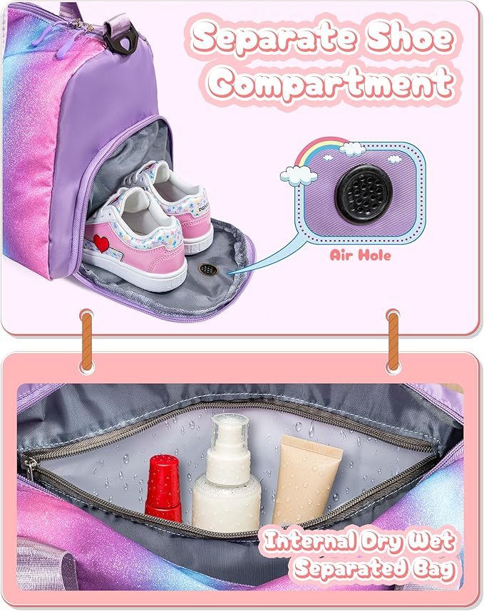 Tween Girls Gifts Trendy Stuff-Girl Gym Bag with Shoe Compartment, Kid Personalized Weekender Overnight Bags, Initial Travel Tote with Makeup Pouch, Preppy Things for Kids (Letter E)