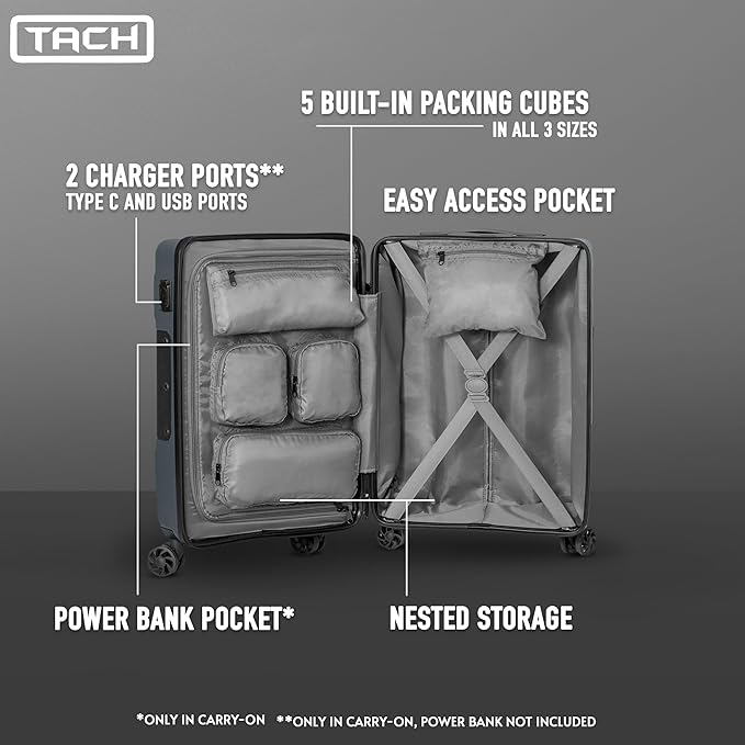 Tach V3.1 Hard Shell 3 Piece Luggage Set - 20, 24 & 28 inch Luggage | Carry On, Medium & Large Checked Suitcases | Patented Built-In Connecting System | Rolling Suitcase Links 6 Bags (Grey)