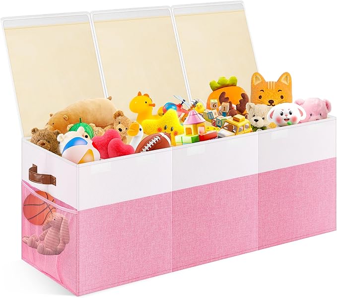 Extra Large Toy Storage Box with Lid, Collapsible Sturdy Toys Chest Storage Organizer Bin Basket with Divider for Kids, Boys, Girls, Closet, Playroom, Bedroom, Nursery, 40"X14"X16", Pink & White